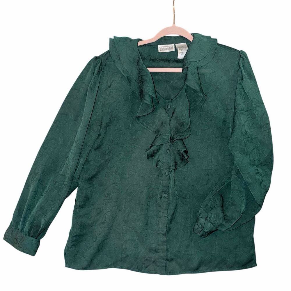 Vintage plus size Viridian green button front long sleeve poet blouse 16 poetic